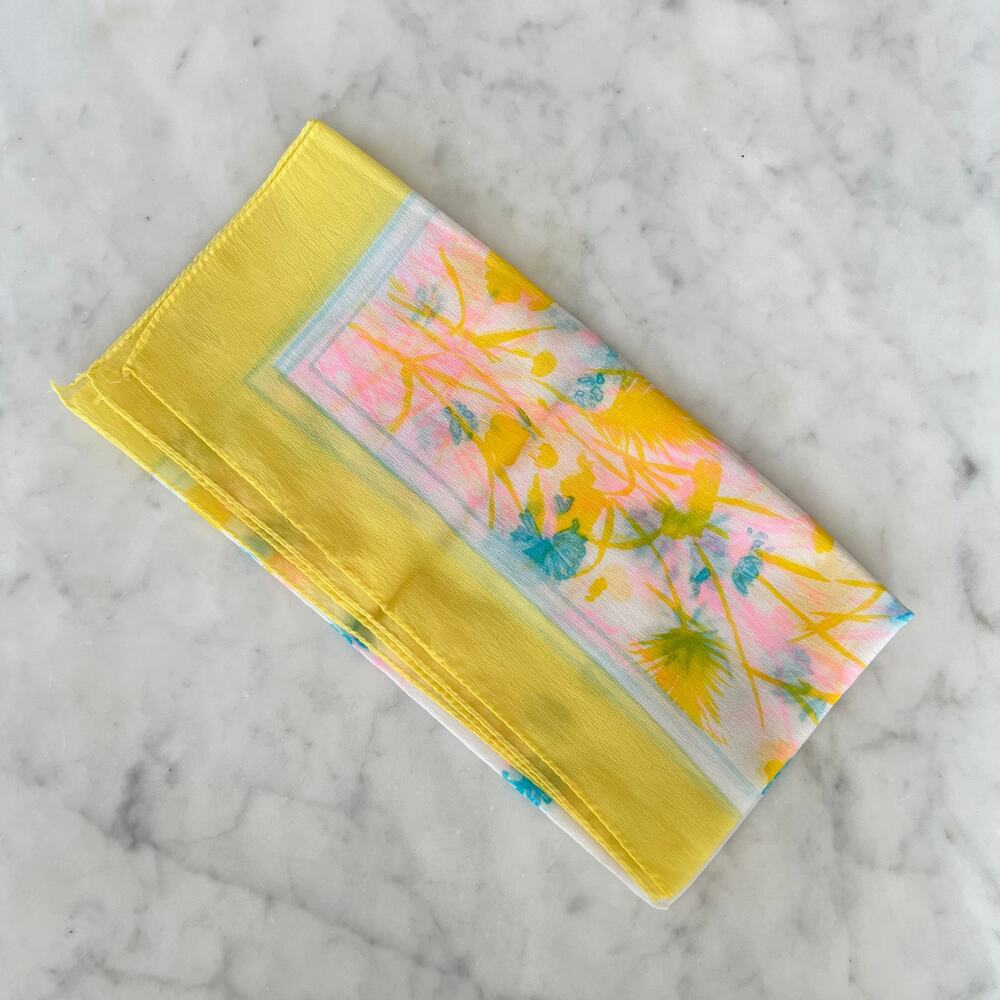 Vintage Vibrant Yellow, Blue and Pink Floral Nylon Chiffon Square Scarf